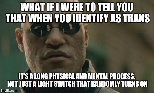 Matrix Morpheus | WHAT IF I WERE TO TELL YOU THAT WHEN YOU IDENTIFY AS TRANS; IT'S A LONG PHYSICAL AND MENTAL PROCESS, NOT JUST A LIGHT SWITCH THAT RANDOMLY TURNS ON | image tagged in memes,matrix morpheus | made w/ Imgflip meme maker