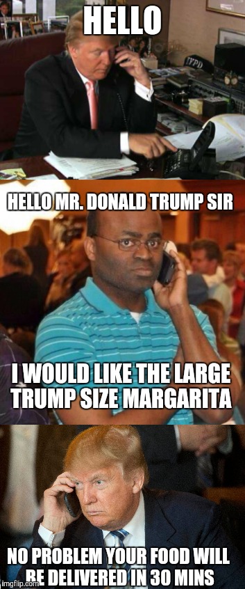 5 years from now | HELLO; HELLO MR. DONALD TRUMP SIR; I WOULD LIKE THE LARGE TRUMP SIZE MARGARITA; NO PROBLEM YOUR FOOD WILL BE DELIVERED IN 30 MINS | image tagged in donald trump,memes,pizza,future | made w/ Imgflip meme maker