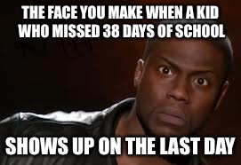 Kevin Hart | THE FACE YOU MAKE WHEN A KID WHO MISSED 38 DAYS OF SCHOOL; SHOWS UP ON THE LAST DAY | image tagged in memes,kevin hart the hell | made w/ Imgflip meme maker