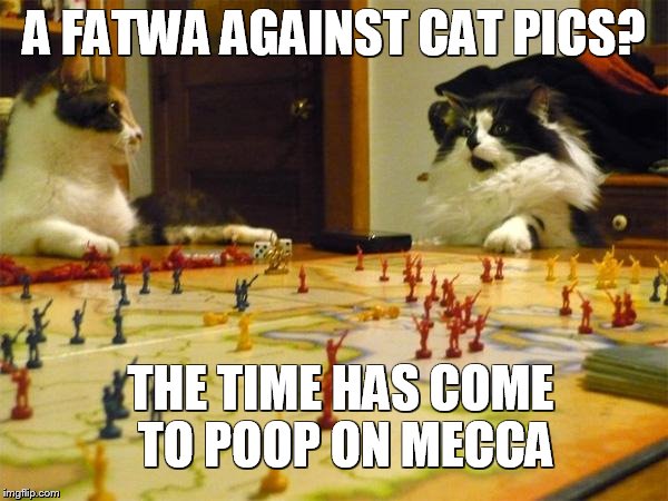 CATSTRATEGY AGAINST FATWAS | A FATWA AGAINST CAT PICS? THE TIME HAS COME TO POOP ON MECCA | image tagged in imperialism cats,islam,muslims,middle east | made w/ Imgflip meme maker