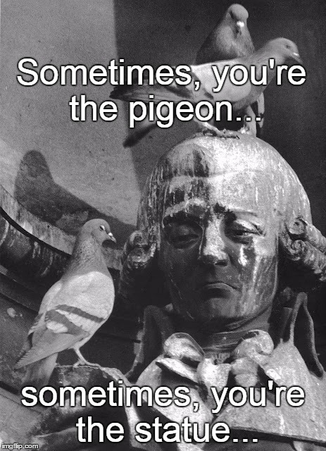 Shit happens... | Sometimes, you're the pigeon... sometimes, you're the statue... | image tagged in shit happens,statue,pigeons | made w/ Imgflip meme maker