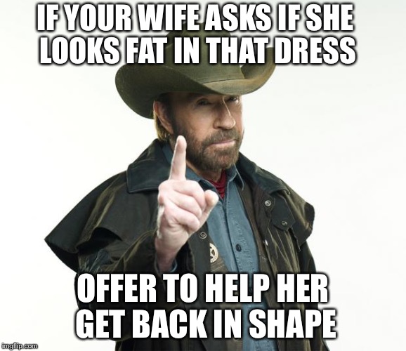 Questionable Advice Chuck | IF YOUR WIFE ASKS IF SHE LOOKS FAT IN THAT DRESS; OFFER TO HELP HER GET BACK IN SHAPE | image tagged in chuck norris,malicious advice mallard | made w/ Imgflip meme maker