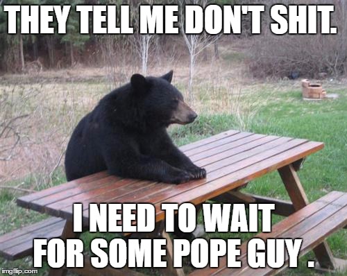 Bad Luck Bear Meme | THEY TELL ME DON'T SHIT. I NEED TO WAIT FOR SOME POPE GUY . | image tagged in memes,bad luck bear | made w/ Imgflip meme maker