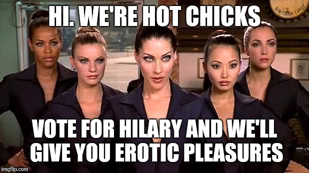 HI. WE'RE HOT CHICKS; VOTE FOR HILARY AND WE'LL GIVE YOU EROTIC PLEASURES | image tagged in memes | made w/ Imgflip meme maker