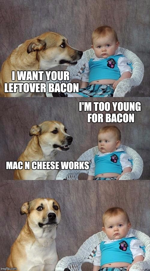 Dad Joke Dog |  I WANT YOUR LEFTOVER BACON; I'M TOO YOUNG FOR BACON; MAC N CHEESE WORKS | image tagged in memes,dad joke dog | made w/ Imgflip meme maker