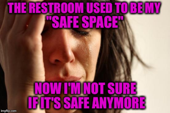 2016 Problems | THE RESTROOM USED TO BE MY; "SAFE SPACE"; NOW I'M NOT SURE IF IT'S SAFE ANYMORE | image tagged in memes,first world problems,safe space,transgender bathroom,memes | made w/ Imgflip meme maker