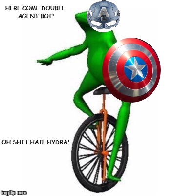 Hail Hydra | HERE COME DOUBLE AGENT BOI'; OH SHIT HAIL HYDRA' | image tagged in memes,funny,funny memes,dat boi,captain america,hail hydra | made w/ Imgflip meme maker