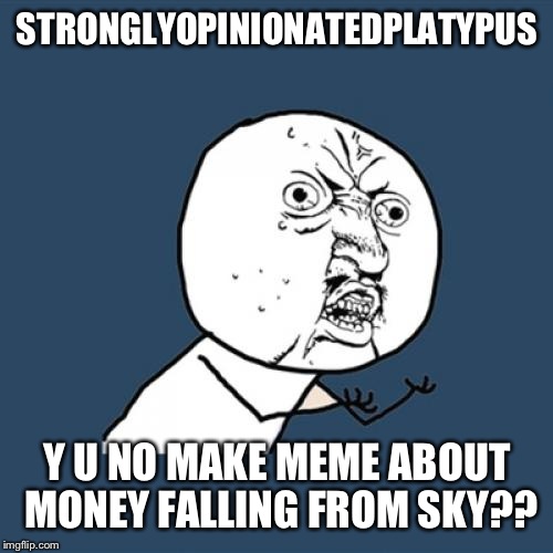 Y U No Meme | STRONGLYOPINIONATEDPLATYPUS Y U NO MAKE MEME ABOUT MONEY FALLING FROM SKY?? | image tagged in memes,y u no | made w/ Imgflip meme maker