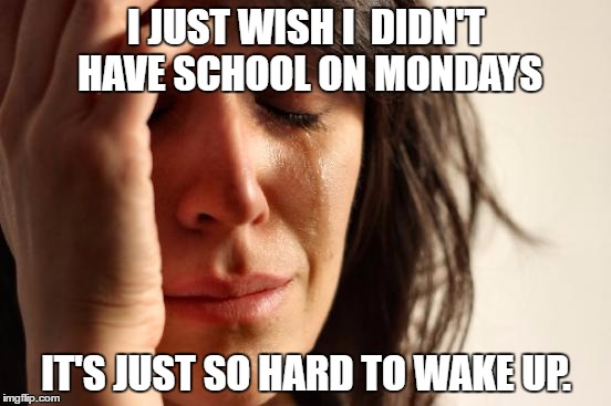 First World Problems | I JUST WISH I  DIDN'T HAVE SCHOOL ON MONDAYS; IT'S JUST SO HARD TO WAKE UP. | image tagged in memes,first world problems | made w/ Imgflip meme maker