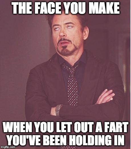 Face You Make Robert Downey Jr Meme | THE FACE YOU MAKE; WHEN YOU LET OUT A FART YOU'VE BEEN HOLDING IN | image tagged in memes,face you make robert downey jr | made w/ Imgflip meme maker