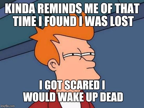 KINDA REMINDS ME OF THAT TIME I FOUND I WAS LOST I GOT SCARED I WOULD WAKE UP DEAD | image tagged in memes,futurama fry | made w/ Imgflip meme maker