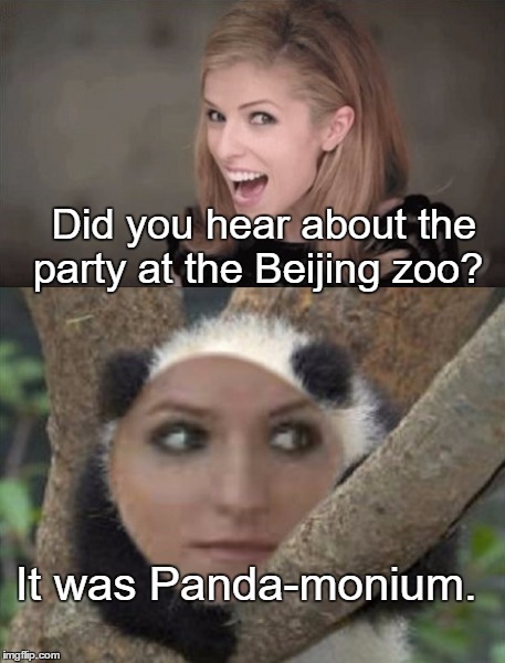 Bad Pun Anna Kendrick | Did you hear about the party at the Beijing zoo? It was Panda-monium. | image tagged in anna kendrick,memes,funny | made w/ Imgflip meme maker