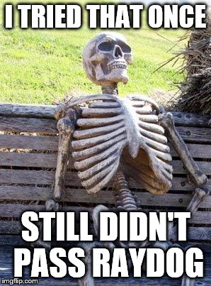 Waiting Skeleton Meme | I TRIED THAT ONCE STILL DIDN'T PASS RAYDOG | image tagged in memes,waiting skeleton | made w/ Imgflip meme maker