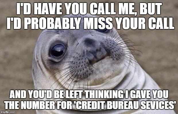 Awkward Moment Sealion Meme | I'D HAVE YOU CALL ME, BUT I'D PROBABLY MISS YOUR CALL AND YOU'D BE LEFT THINKING I GAVE YOU THE NUMBER FOR 'CREDIT BUREAU SEVICES' | image tagged in memes,awkward moment sealion | made w/ Imgflip meme maker