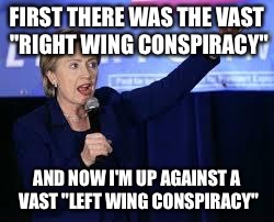 Whiney the Wingless DoDo! | FIRST THERE WAS THE VAST "RIGHT WING CONSPIRACY"; AND NOW I'M UP AGAINST A VAST "LEFT WING CONSPIRACY" | image tagged in hillary clinton heiling | made w/ Imgflip meme maker