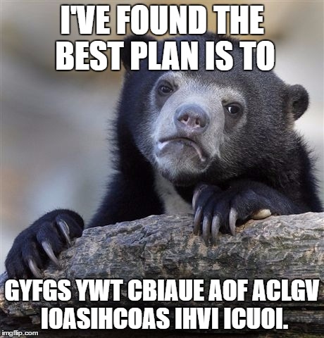 Confession Bear Meme | I'VE FOUND THE BEST PLAN IS TO GYFGS YWT CBIAUE AOF ACLGV IOASIHCOAS IHVI ICUOI. | image tagged in memes,confession bear | made w/ Imgflip meme maker
