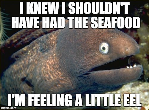 Bad Joke Eel Meme | I KNEW I SHOULDN'T HAVE HAD THE SEAFOOD; I'M FEELING A LITTLE EEL | image tagged in memes,bad joke eel | made w/ Imgflip meme maker