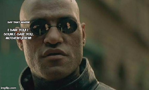 Samuel L Jackson  | I DARE YOU! I DOUBLE-DARE YOU, MOTHERFUCKER!! SAY THAT AGAIN! | image tagged in memes,matrix morpheus | made w/ Imgflip meme maker