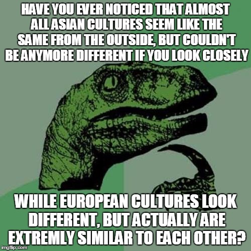 Philosoraptor Meme | HAVE YOU EVER NOTICED THAT ALMOST ALL ASIAN CULTURES SEEM LIKE THE SAME FROM THE OUTSIDE, BUT COULDN'T BE ANYMORE DIFFERENT IF YOU LOOK CLOSELY; WHILE EUROPEAN CULTURES LOOK DIFFERENT, BUT ACTUALLY ARE EXTREMLY SIMILAR TO EACH OTHER? | image tagged in memes,philosoraptor,stereotypes | made w/ Imgflip meme maker