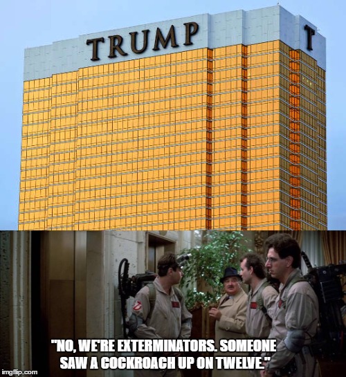 "NO, WE'RE EXTERMINATORS. SOMEONE SAW A COCKROACH UP ON TWELVE." | image tagged in trump,ghostbusters | made w/ Imgflip meme maker