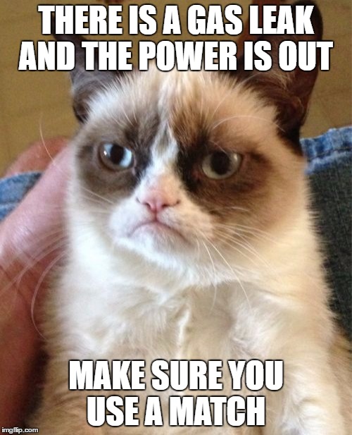 Grumpy Cat Meme | THERE IS A GAS LEAK AND THE POWER IS OUT; MAKE SURE YOU USE A MATCH | image tagged in memes,grumpy cat | made w/ Imgflip meme maker