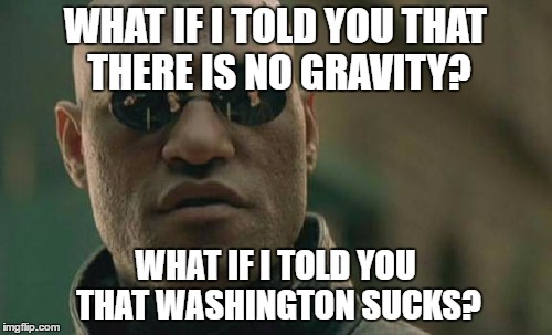 Matrix Morpheus | WHAT IF I TOLD YOU THAT THERE IS NO GRAVITY? WHAT IF I TOLD YOU THAT WASHINGTON SUCKS? | image tagged in memes,matrix morpheus | made w/ Imgflip meme maker