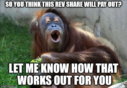 funnymonkey | SO YOU THINK THIS REV SHARE WILL PAY OUT? LET ME KNOW HOW THAT WORKS OUT FOR YOU | image tagged in funnymonkey | made w/ Imgflip meme maker