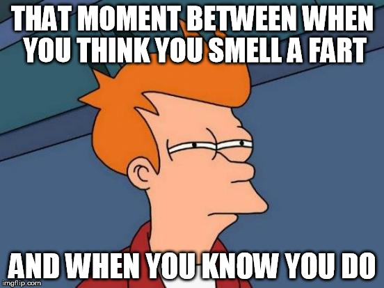 Futurama Fry | THAT MOMENT BETWEEN WHEN YOU THINK YOU SMELL A FART; AND WHEN YOU KNOW YOU DO | image tagged in memes,futurama fry | made w/ Imgflip meme maker