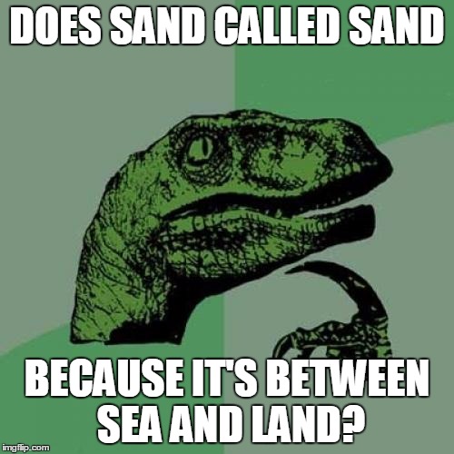 Philosoraptor Meme | DOES SAND CALLED SAND; BECAUSE IT'S BETWEEN SEA AND LAND? | image tagged in memes,philosoraptor | made w/ Imgflip meme maker