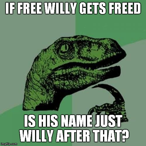 Philosoraptor Meme | IF FREE WILLY GETS FREED IS HIS NAME JUST WILLY AFTER THAT? | image tagged in memes,philosoraptor | made w/ Imgflip meme maker