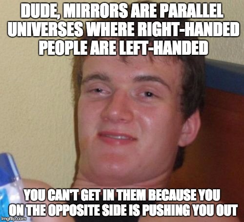 10 Guy Meme | DUDE, MIRRORS ARE PARALLEL UNIVERSES WHERE RIGHT-HANDED PEOPLE ARE LEFT-HANDED; YOU CAN'T GET IN THEM BECAUSE YOU ON THE OPPOSITE SIDE IS PUSHING YOU OUT | image tagged in memes,10 guy | made w/ Imgflip meme maker