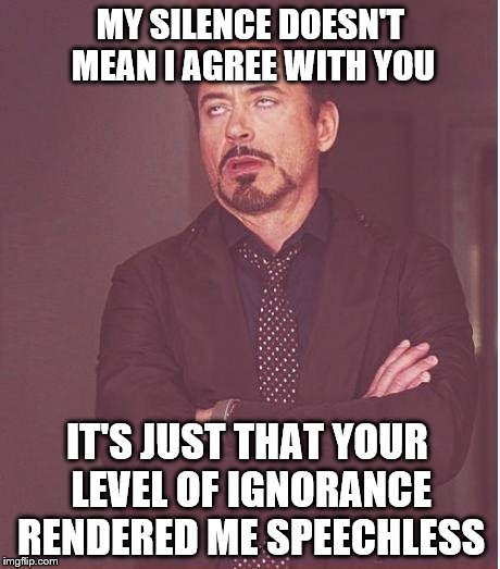 Are you for real? | MY SILENCE DOESN'T MEAN I AGREE WITH YOU; IT'S JUST THAT YOUR LEVEL OF IGNORANCE RENDERED ME SPEECHLESS | image tagged in memes,face you make robert downey jr | made w/ Imgflip meme maker