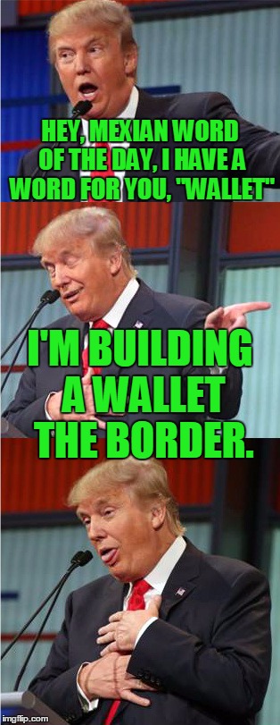 Donald Trump Word of the Day | HEY, MEXIAN WORD OF THE DAY, I HAVE A WORD FOR YOU, "WALLET"; I'M BUILDING A WALLET THE BORDER. | image tagged in bad pun trump,happy mexican,memes,mexicans,trump wall,wall | made w/ Imgflip meme maker