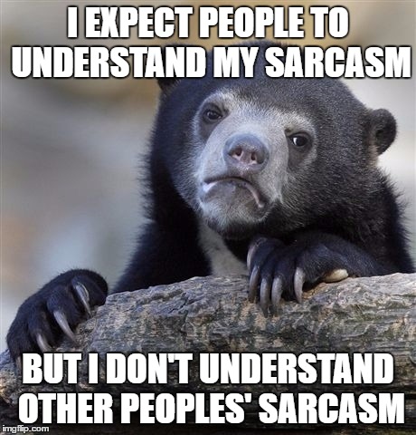 Confession Bear | I EXPECT PEOPLE TO UNDERSTAND MY SARCASM; BUT I DON'T UNDERSTAND OTHER PEOPLES' SARCASM | image tagged in memes,confession bear | made w/ Imgflip meme maker