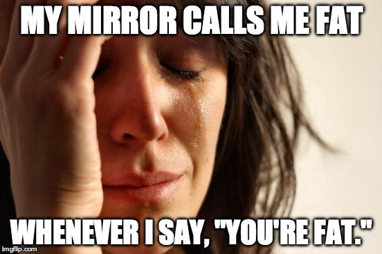Mirror, Mirror on the wall... | MY MIRROR CALLS ME FAT; WHENEVER I SAY, "YOU'RE FAT." | image tagged in memes,first world problems,mirror,fat | made w/ Imgflip meme maker