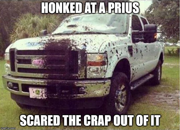 Funny Truck  | HONKED AT A PRIUS; SCARED THE CRAP OUT OF IT | image tagged in funny,funny memes,memes,trucks,ford,prius | made w/ Imgflip meme maker