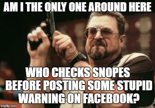 Am I The Only One Around Here | AM I THE ONLY ONE AROUND HERE; WHO CHECKS SNOPES BEFORE POSTING SOME STUPID WARNING ON FACEBOOK? | image tagged in memes,am i the only one around here | made w/ Imgflip meme maker