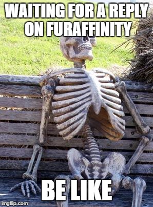 Waiting Skeleton | WAITING FOR A REPLY ON FURAFFINITY; BE LIKE | image tagged in memes,waiting skeleton | made w/ Imgflip meme maker