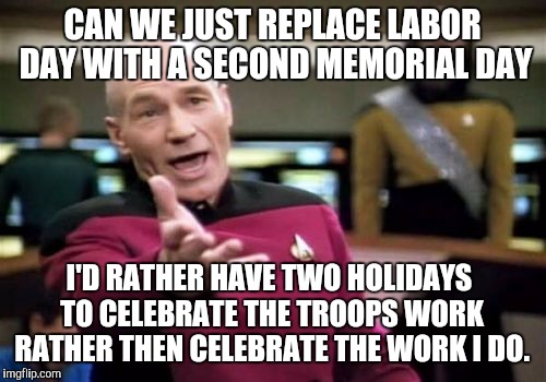 Happy Memorial Day | CAN WE JUST REPLACE LABOR DAY WITH A SECOND MEMORIAL DAY; I'D RATHER HAVE TWO HOLIDAYS TO CELEBRATE THE TROOPS WORK RATHER THEN CELEBRATE THE WORK I DO. | image tagged in memes,picard wtf | made w/ Imgflip meme maker