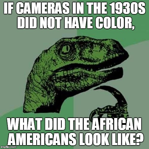 Racist Philosoraptor. | IF CAMERAS IN THE 1930S DID NOT HAVE COLOR, WHAT DID THE AFRICAN AMERICANS LOOK LIKE? | image tagged in memes,philosoraptor | made w/ Imgflip meme maker