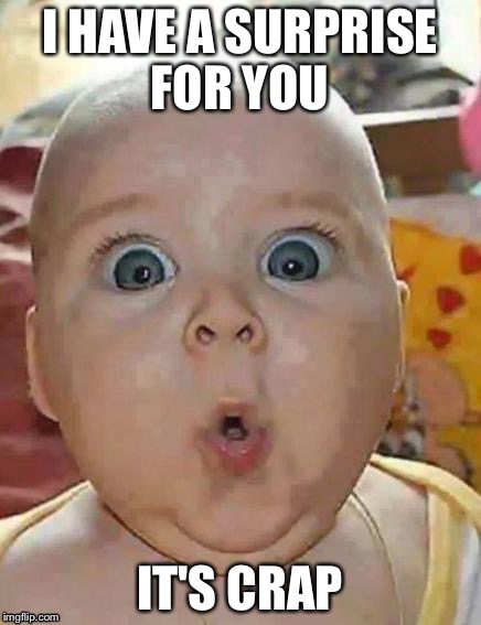 Super-surprised baby |  I HAVE A SURPRISE FOR YOU; IT'S CRAP | image tagged in super-surprised baby | made w/ Imgflip meme maker