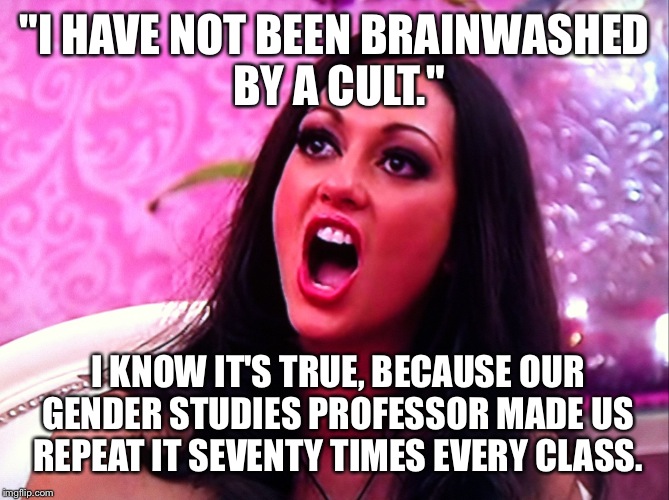 feminazi | "I HAVE NOT BEEN BRAINWASHED BY A CULT."; I KNOW IT'S TRUE, BECAUSE OUR GENDER STUDIES PROFESSOR MADE US REPEAT IT SEVENTY TIMES EVERY CLASS. | image tagged in feminazi | made w/ Imgflip meme maker