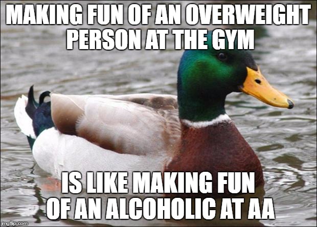 Good Advice mallard | MAKING FUN OF AN OVERWEIGHT PERSON AT THE GYM; IS LIKE MAKING FUN OF AN ALCOHOLIC AT AA | image tagged in good advice mallard | made w/ Imgflip meme maker