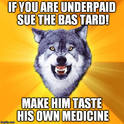 He gave me 1/3 of what we agreed...I'm angry and if he won't pay me he'll pay all the taxes he avoided. | IF YOU ARE UNDERPAID SUE THE BAS TARD! MAKE HIM TASTE HIS OWN MEDICINE | image tagged in memes,courage wolf | made w/ Imgflip meme maker