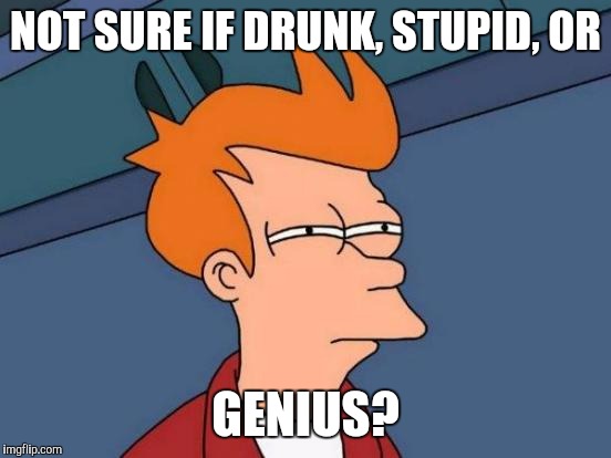 Futurama Fry | NOT SURE IF DRUNK, STUPID, OR; GENIUS? | image tagged in memes,futurama fry | made w/ Imgflip meme maker