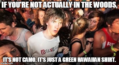So true. | IF YOU'RE NOT ACTUALLY IN THE WOODS, IT'S NOT CAMO. IT'S JUST A GREEN HAWAIIAN SHIRT. | image tagged in memes,sudden clarity clarence,hawaiian,camouflage,camo | made w/ Imgflip meme maker