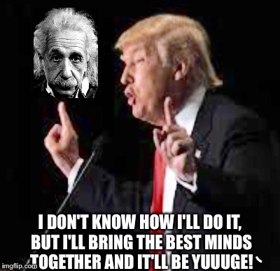 A Great Team | I DON'T KNOW HOW I'LL DO IT, BUT I'LL BRING THE BEST MINDS TOGETHER AND IT'LL BE YUUUGE! | image tagged in albert einstein,donald trump | made w/ Imgflip meme maker