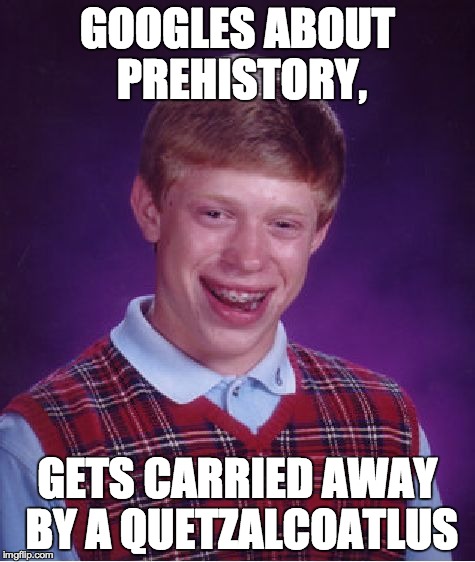 Bad Luck Brian Meme | GOOGLES ABOUT PREHISTORY, GETS CARRIED AWAY BY A QUETZALCOATLUS | image tagged in memes,bad luck brian | made w/ Imgflip meme maker