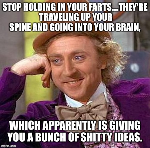 Creepy Condescending Wonka | STOP HOLDING IN YOUR FARTS,...THEY'RE TRAVELING UP YOUR SPINE AND GOING INTO YOUR BRAIN, WHICH APPARENTLY IS GIVING YOU A BUNCH OF SHITTY IDEAS. | image tagged in memes,creepy condescending wonka | made w/ Imgflip meme maker