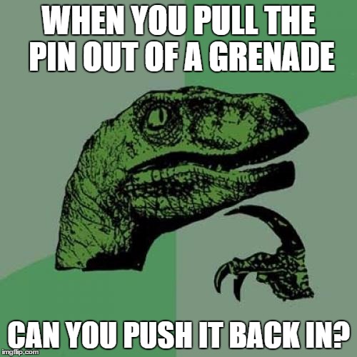 Philosoraptor Meme | WHEN YOU PULL THE PIN OUT OF A GRENADE; CAN YOU PUSH IT BACK IN? | image tagged in memes,philosoraptor | made w/ Imgflip meme maker